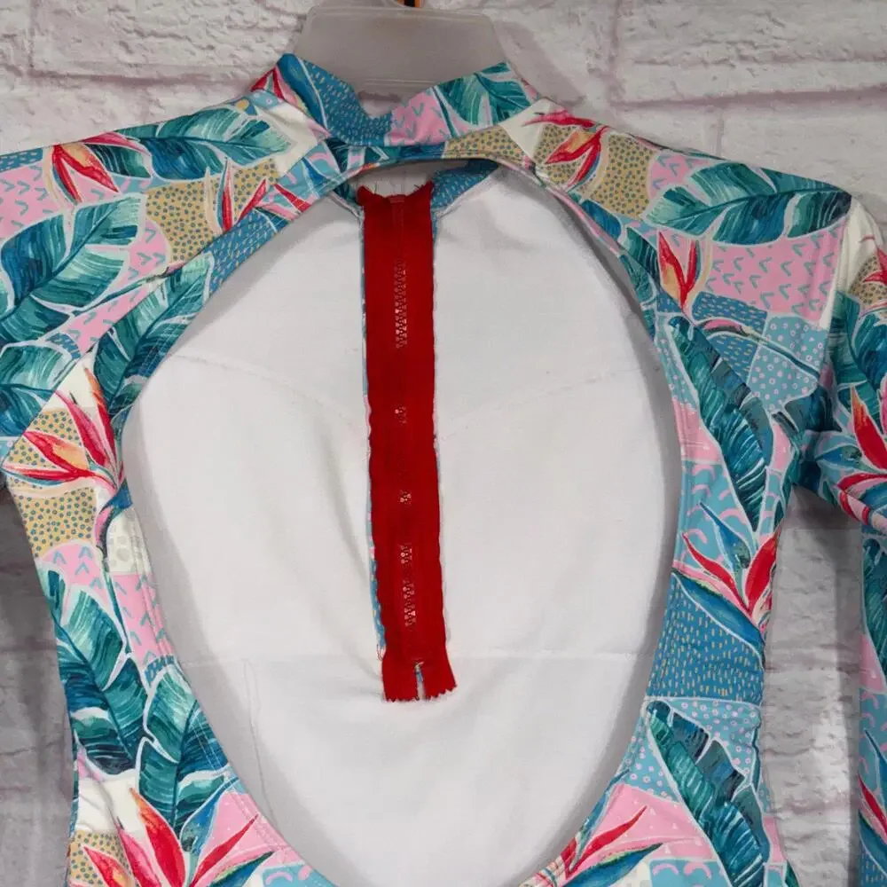 Tropical Print Medium Long Sleeve One-Piece Swimsuit